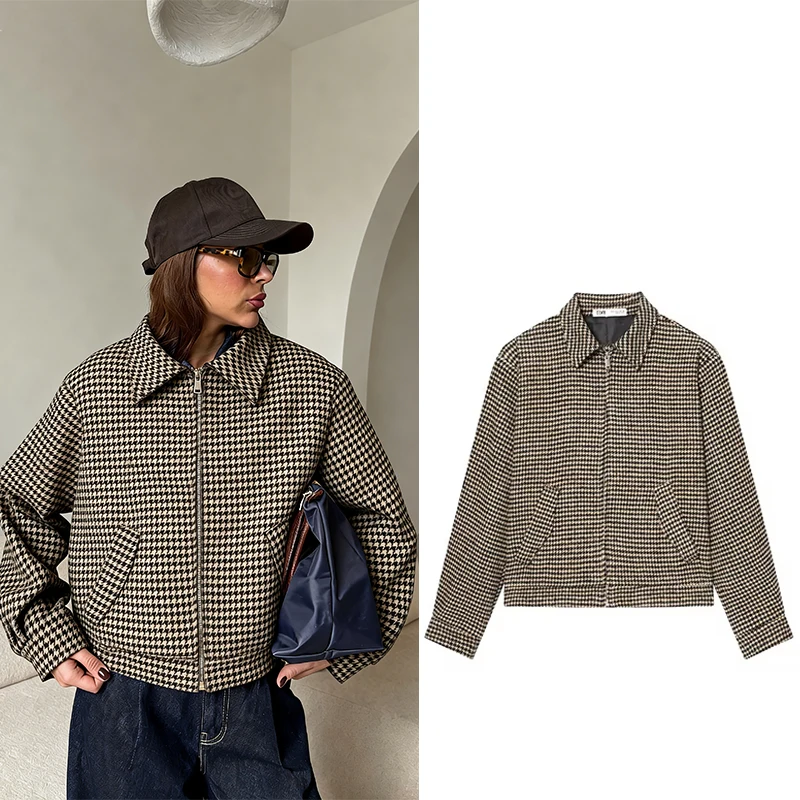 سترة نسائية منقوشة بأكمام طويلة وجيوب وسحاب سترات نسائية أنيقة معاطف 2026 ربيع الخريف ملابس خارجية غير رسمية للسيدات