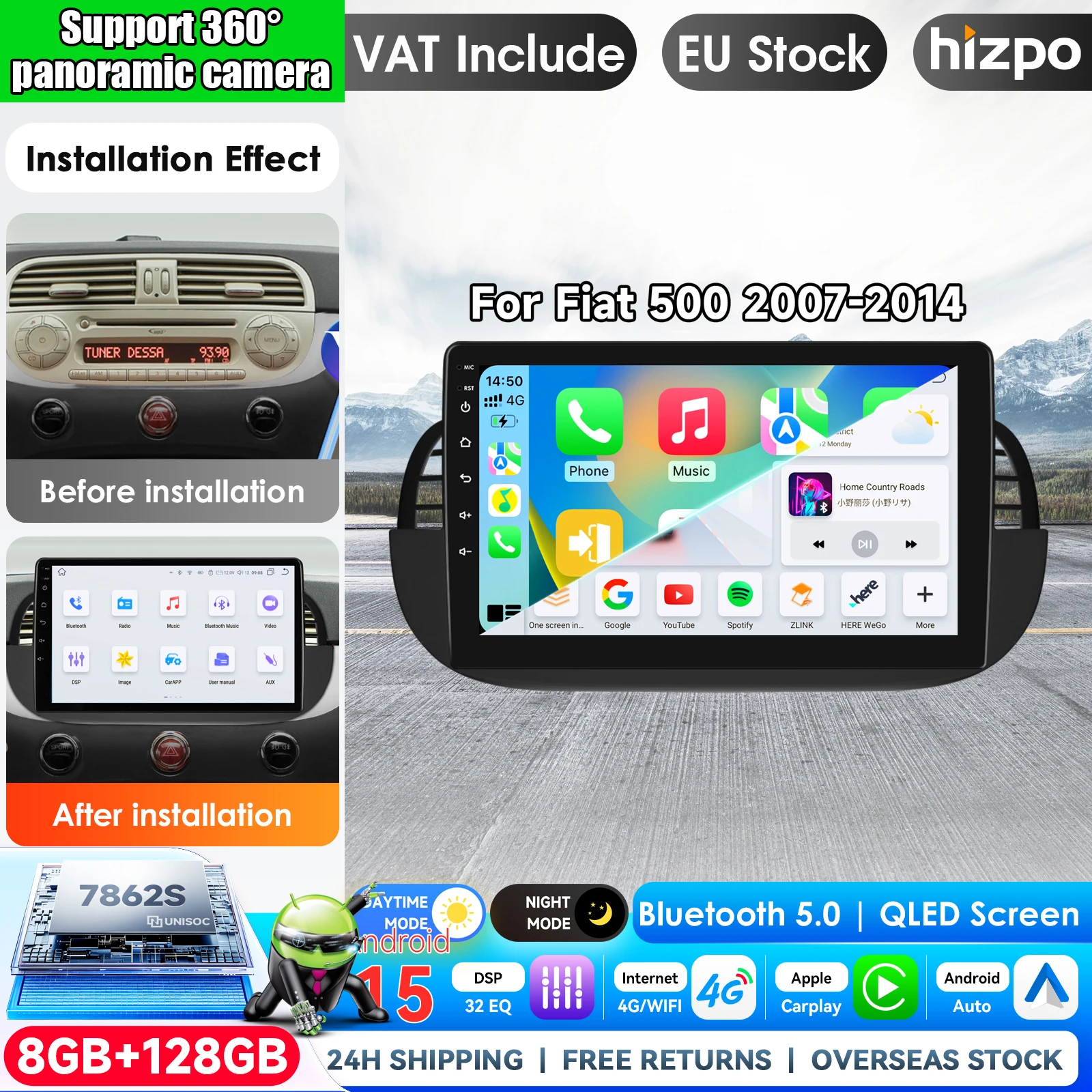 Image of Hizpo 9 Zoll Wireless CarPlay Android Auto Autoradio für Fiat 500 Abarth 2007-2015 Multimedia Wireless Apple CarPlay Smart Intelligent Systems IPS Touchscreen Stereo Videoplayer 2 Din Autoradio Head