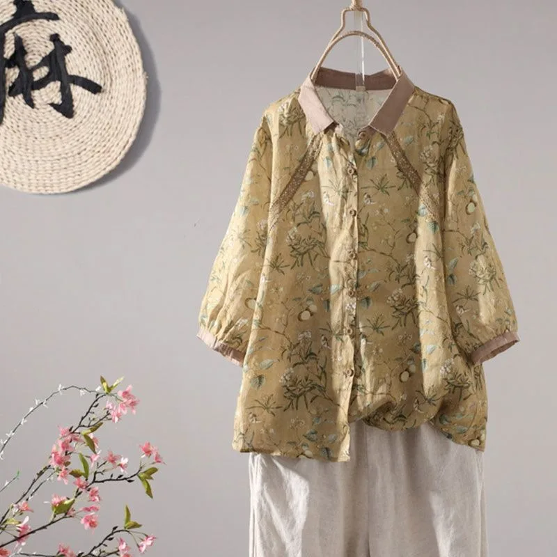 

Fashion New Lapel Printed Splicing Half-sleeved Shirt for Women Retro Floral Loose Single-breasted Cardigan Top