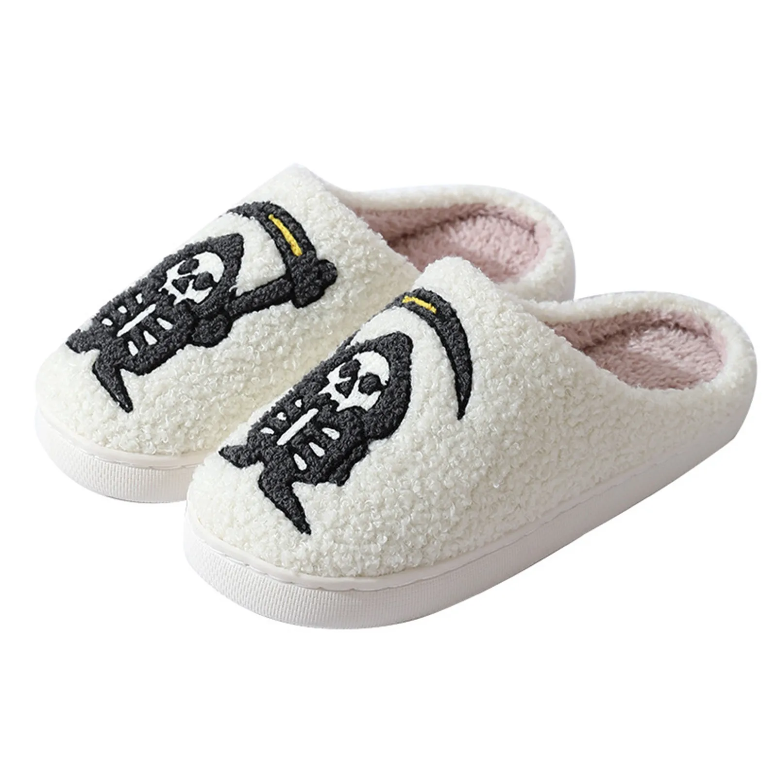 Halloween Funny Slippers Men Women Cute Death Print Winter Soft Warm Fashion Comfy Plush Houseshoes Gift Couple Flat Plush Shoes