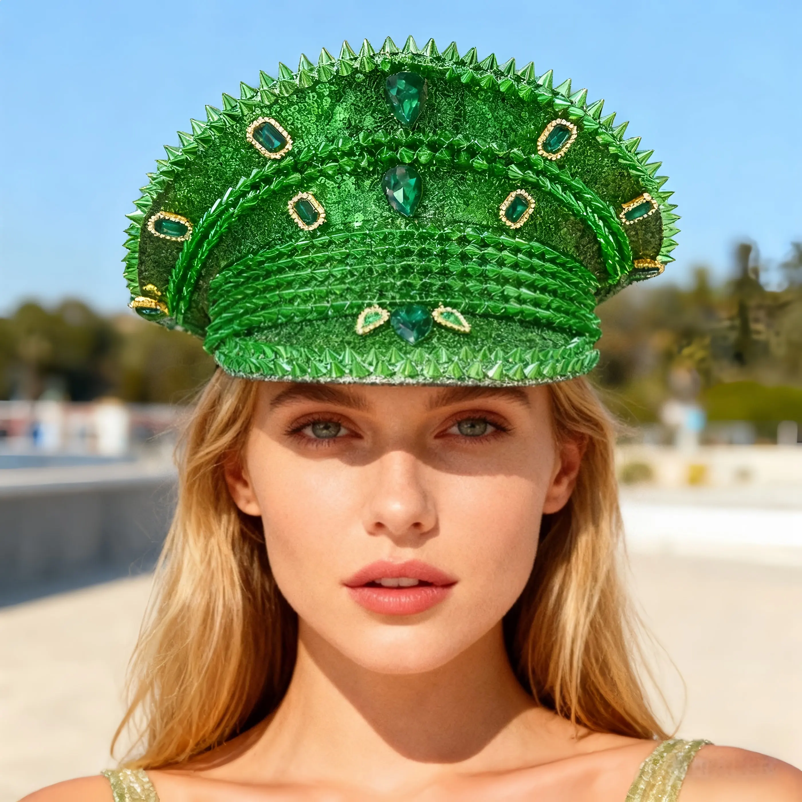 HongLuan Green Fashion Sequin Captain Hat Rhinestone for Burningman Festival Woman, Vintage Military Accessories & Cap Man