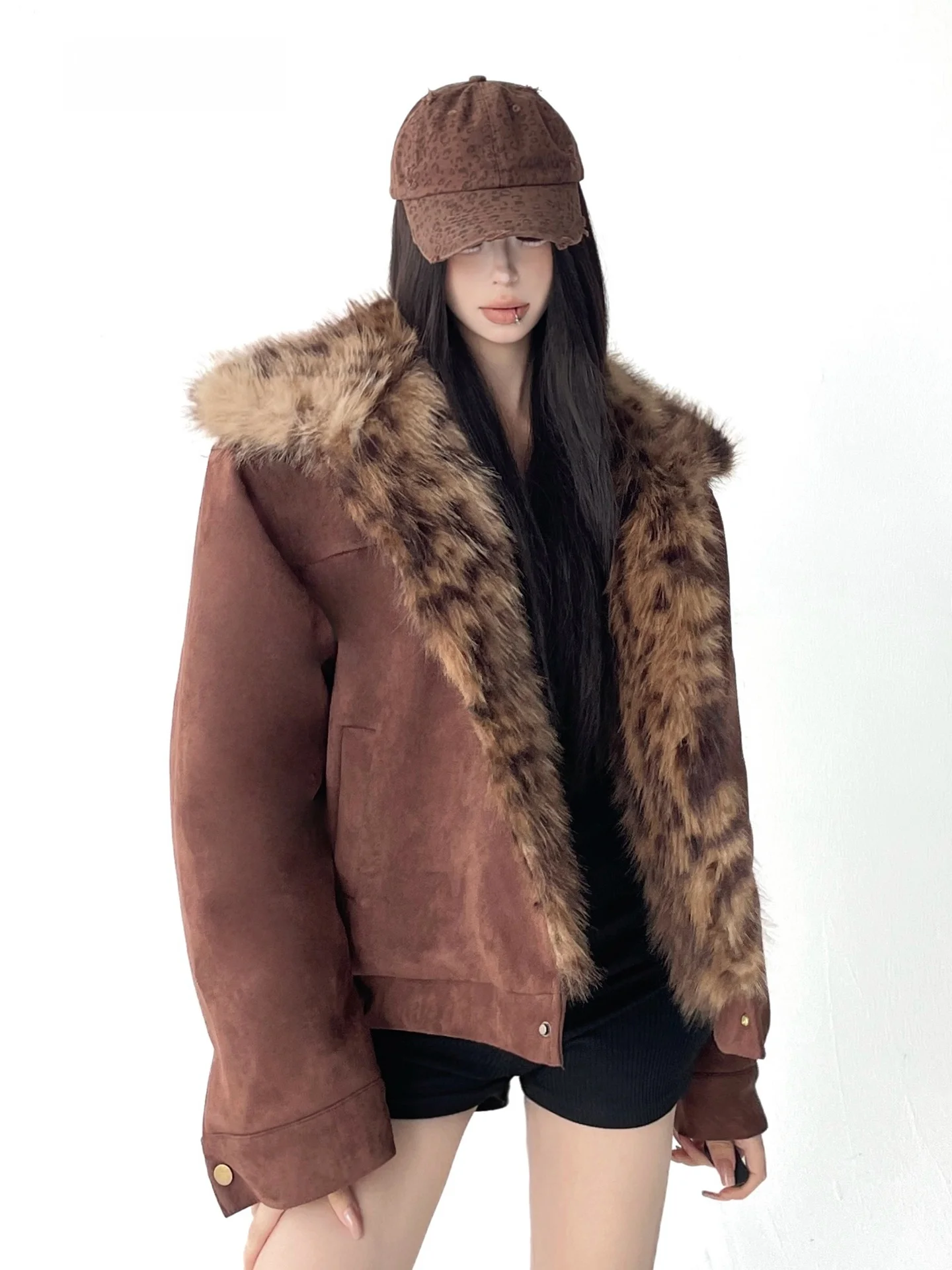 

Warmth Oversize Fur Collar Leopard Print Cotton Jaet Women's Street Sle Coat Long Sve Single Button Closure Winter New...