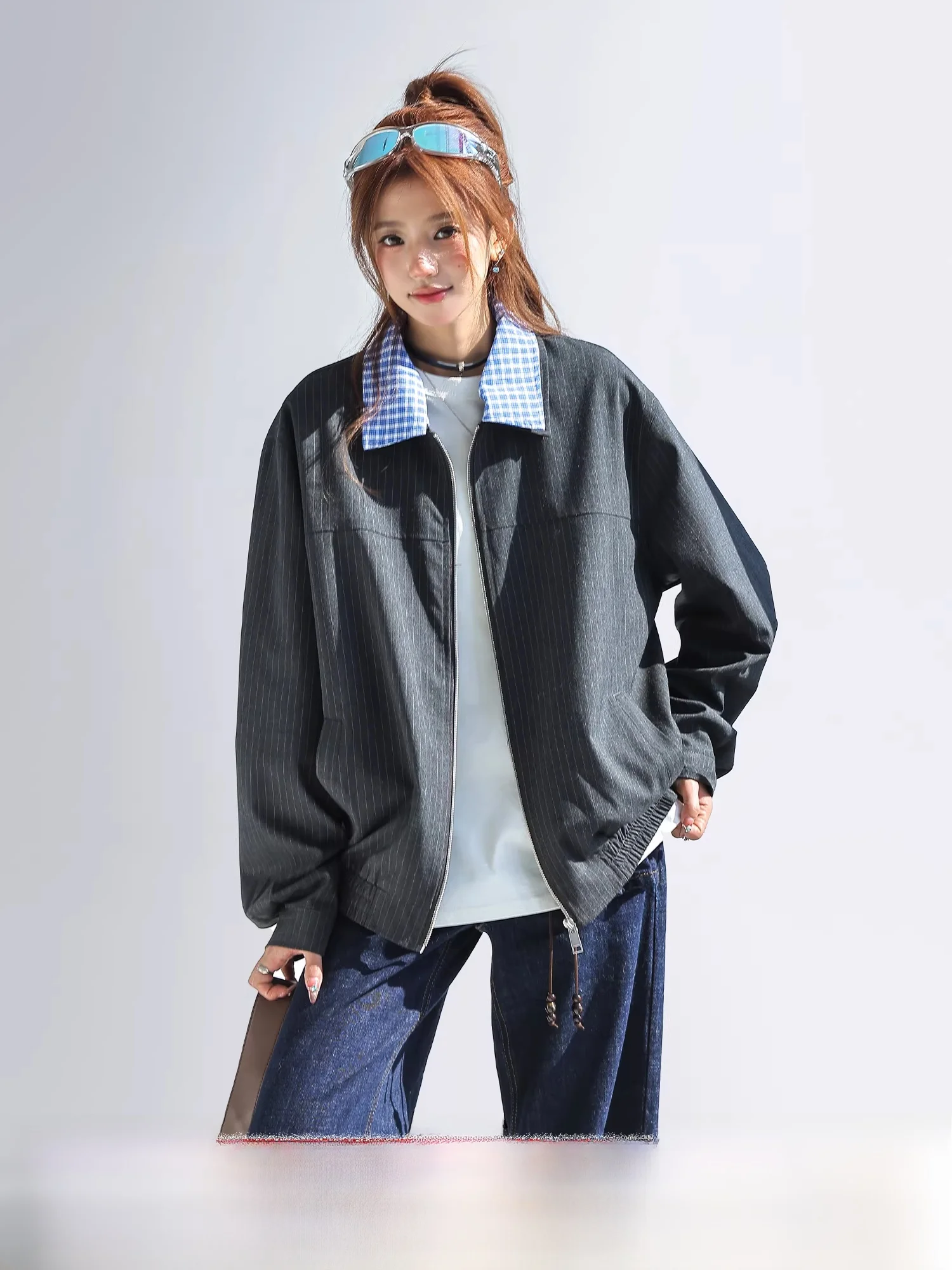 

Корейский шикарный клетчатый плащ-куртка женская, дизайнерский, с контрастным воротником из ткани, повседневный, свободного кроя, из смесового полиэстера, весенняя верхняя одежда...