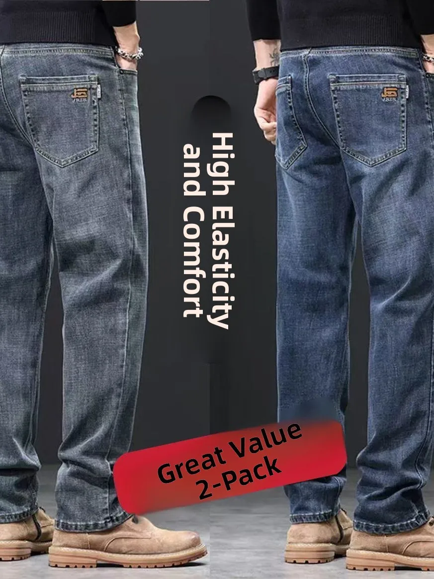 

2026 New Men's Elastic Casual Jeans Loose Straight Leg Workwear Wear Resistant Spring Summer Cotton Stretch Denim Long Trousers