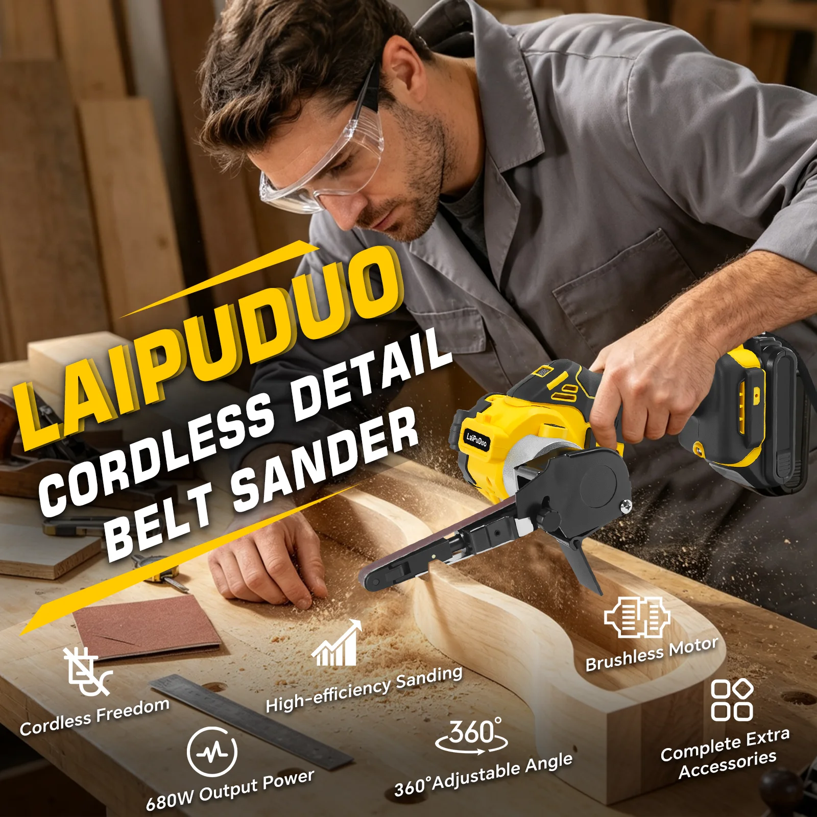 Cordless Belt Sander 680W Brushless Mini Finger Detail Sander Wood Paint Metal Rust Removal DIY for Dewalt 20V Battery Pin