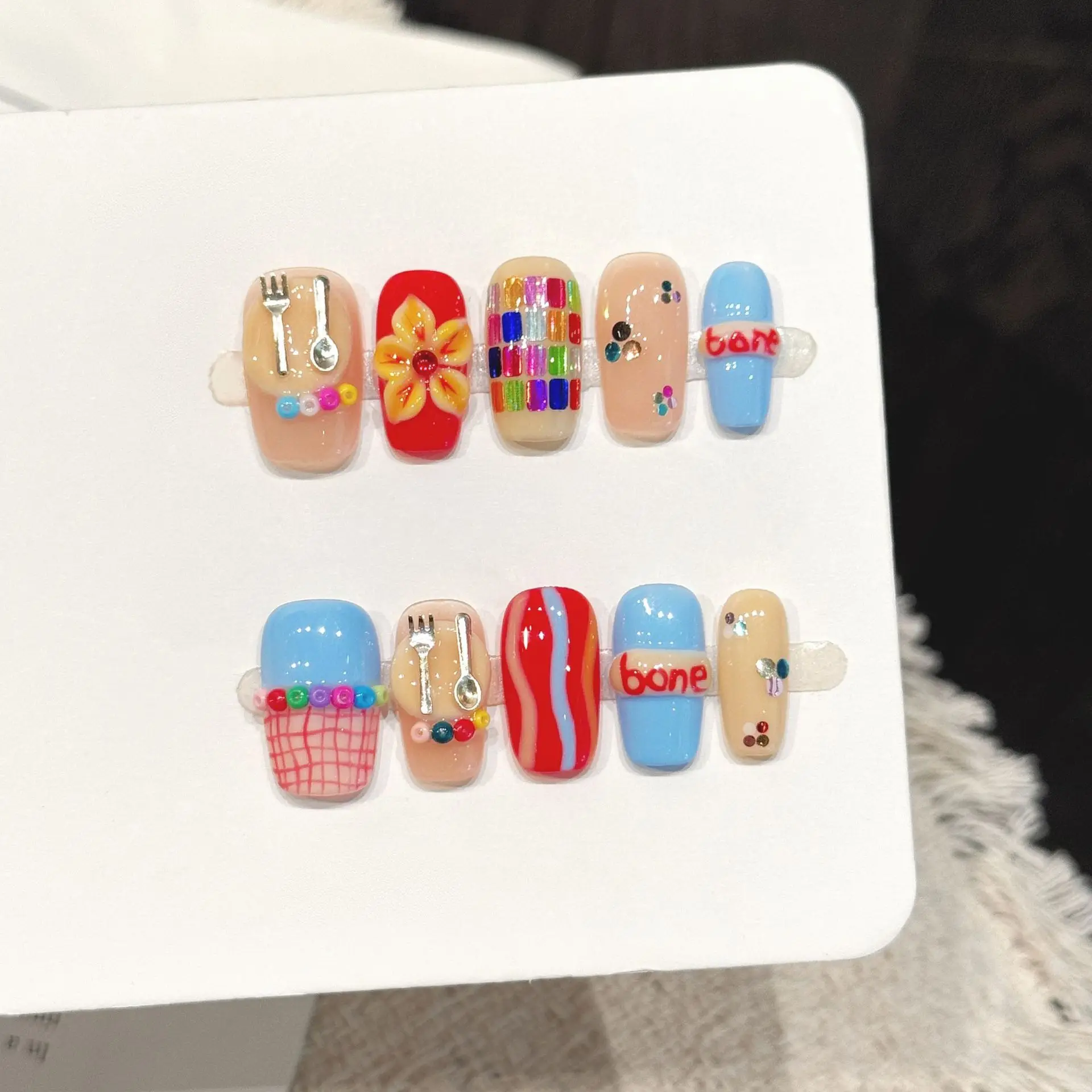 10PCS Square Handmade Press On Nails,Dopamine Summer Style,Suitable For Festivals Parties And Daily Wear.