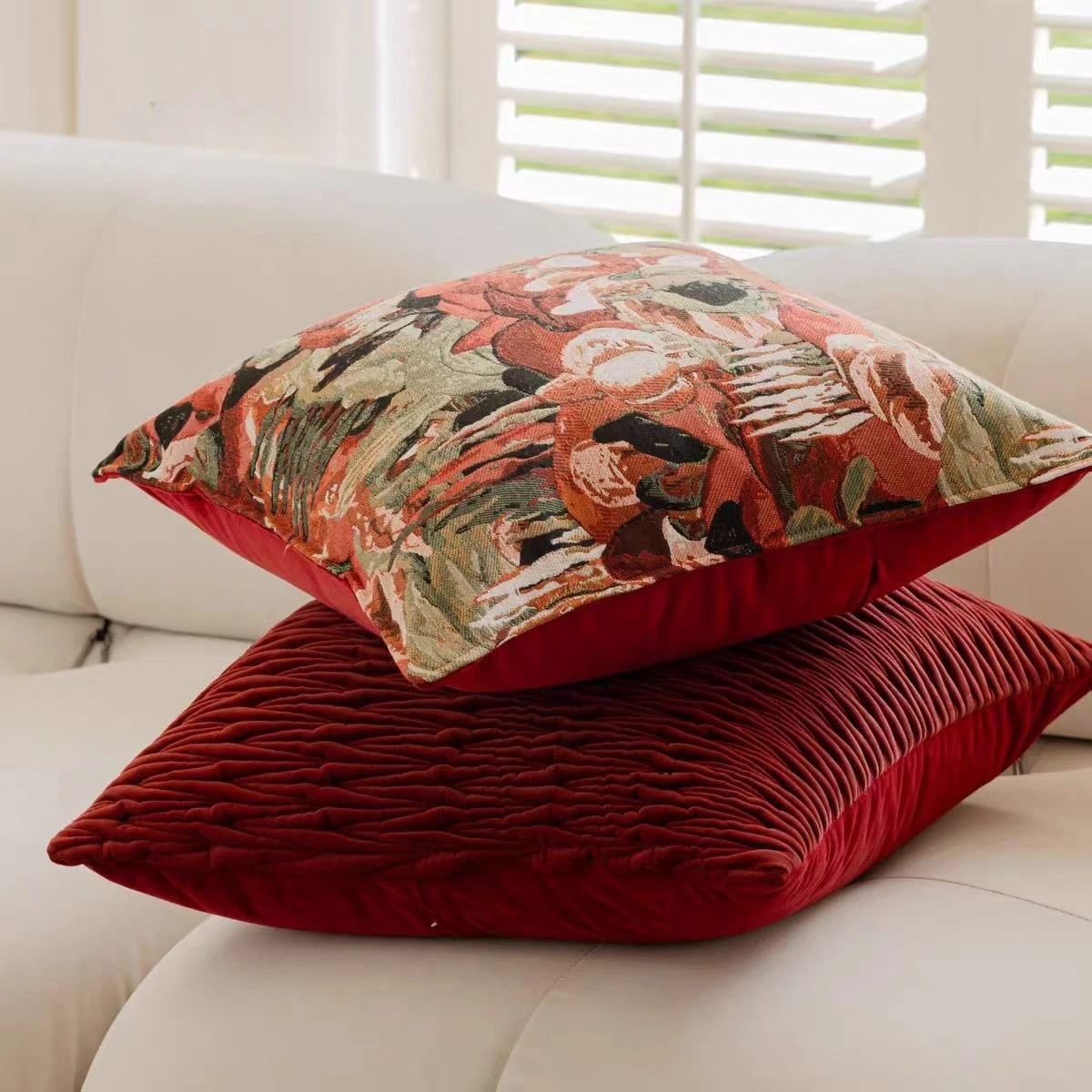 Francuska poszewka na poduszkę LuxJacquard Nowoczesne lasy tropikalne Poszewka na poduszkę Dekoracyjna tekstura Wino czerwone Wystrój domu Poszewka na sofę