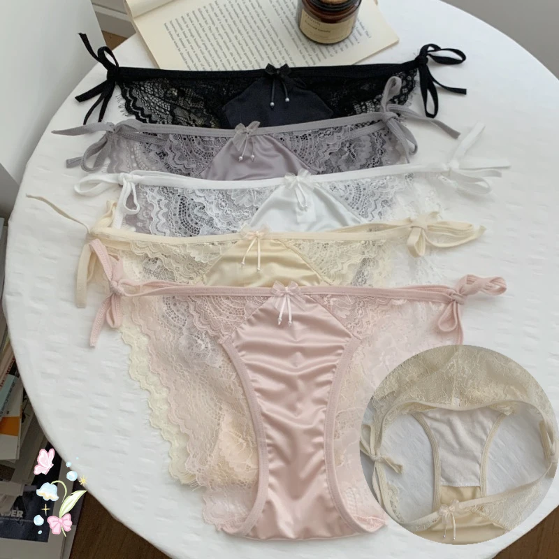 Breathable Patchwork Mesh Floral Bowknot Panties Ruffle Thong Lace Flower Transparent Briefs Low Waist Hollow Out Lady 2025