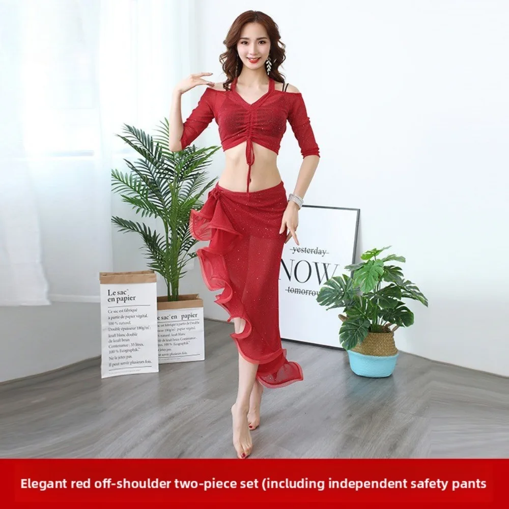 ชุดฝึกซ้อมระบำหน้าท้องสำหรับผู้หญิง - เสื้อเปิดไหล่ กระโปรงผ้าพันคอ และกางเกงขาสั้น สำหรับการฝึกซ้อมในฤดูร้อนและฤดูใบไม้ผลิ