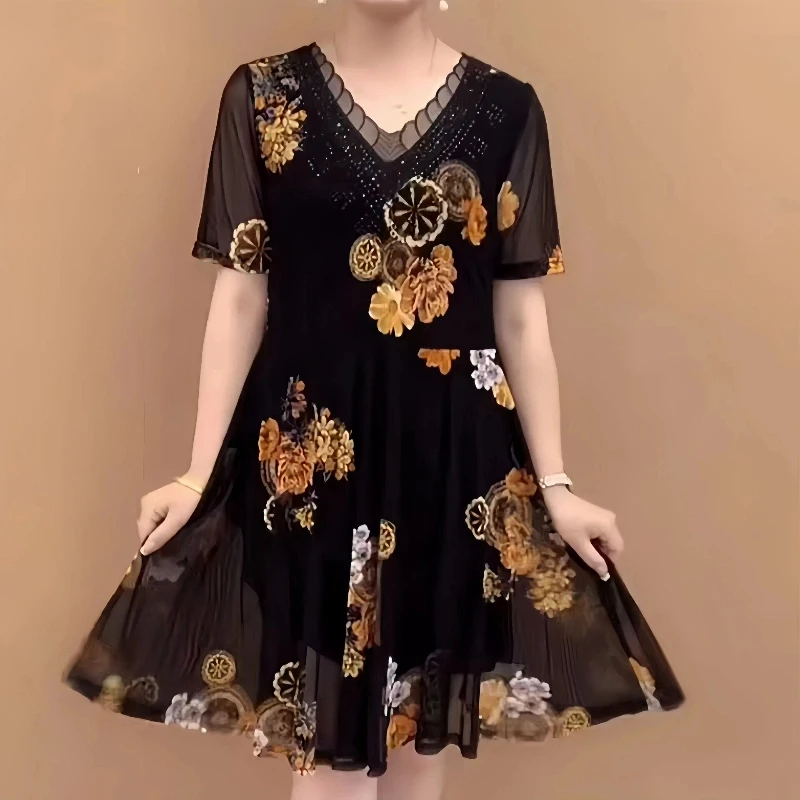 

Elegant V-Neck Printed Spliced Ruffles Vintage Dresses Women's Clothing Summer New Short Sleeve Floral Dress