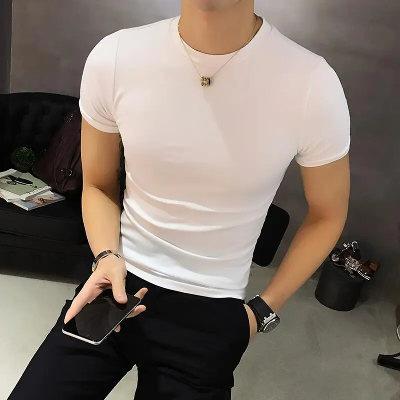 Summer High Quality Cotton T-Shirt For Men Luxury New Short Sleeve Solid Slim Fit Tight Elastic Tee Pullover Fitness T-shirt