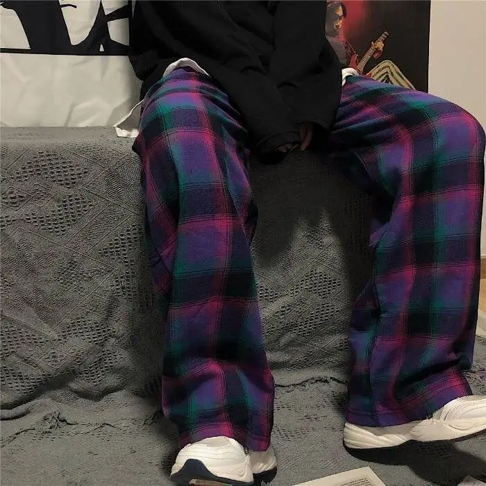 Colorful Plaid Dark Harajuku Yamamoto Men Pants Y2k Trend Chic Male Trousers Wide Leg Straight Club Bar Rock Dance Streetwear