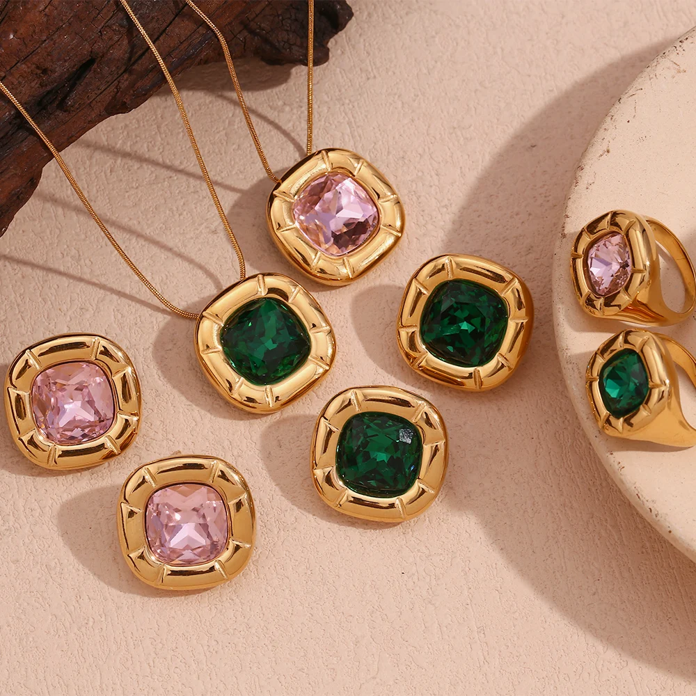 Women's 18K Gold Plated Zircon Rounded Square Necklace Earring Ring Set