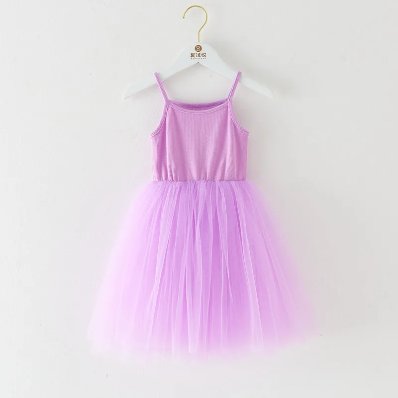 Vestido informal de tirantes para niñas, ropa de princesa de malla empalmada, sin mangas, suave y delgado, 1-8T, novedad de verano 2024