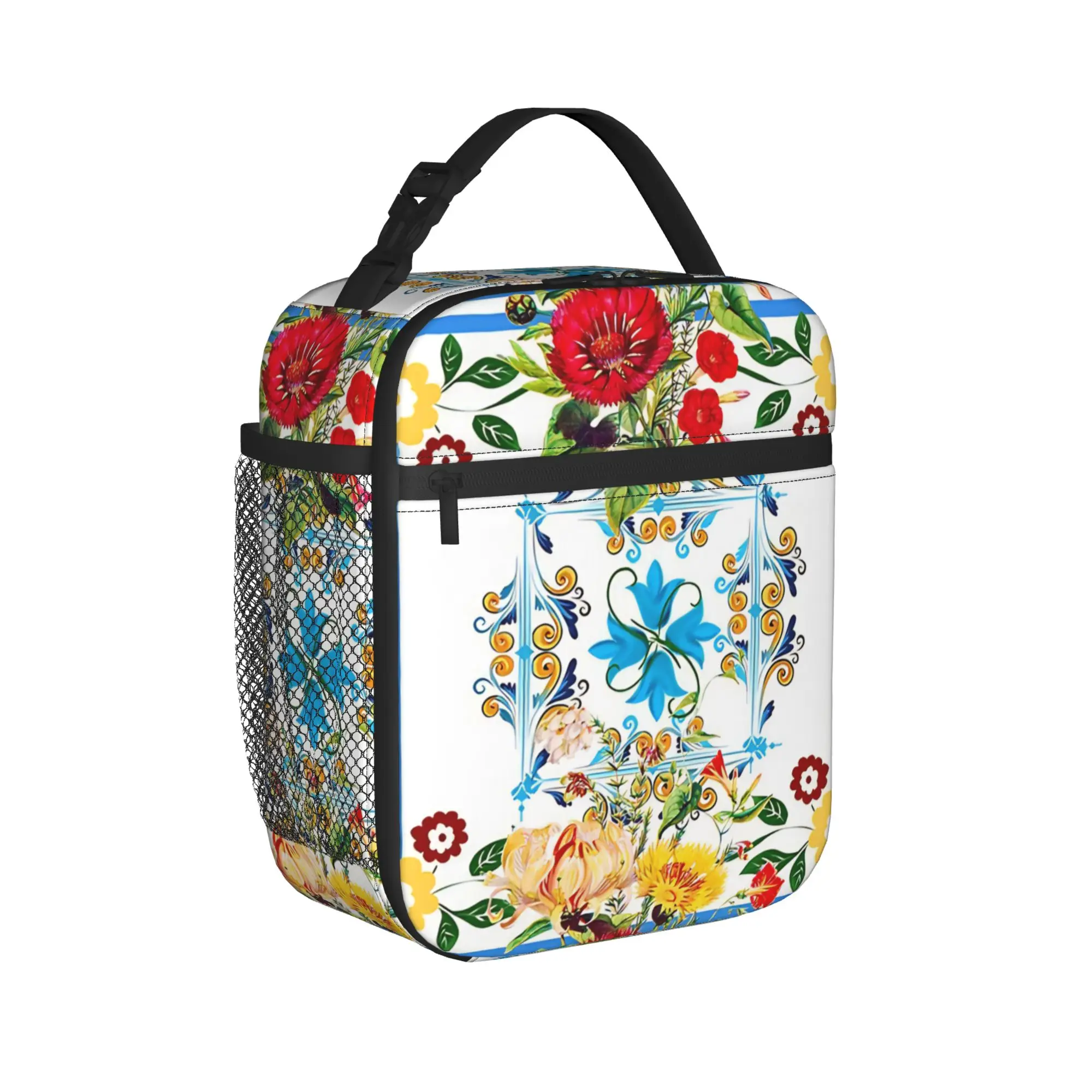 Blue Ornate Floral Lunch Bag  Fashion Lunch Box For Unisex Picnic Portable Cooler Bag Oxford Print Thermal Lunch Bags