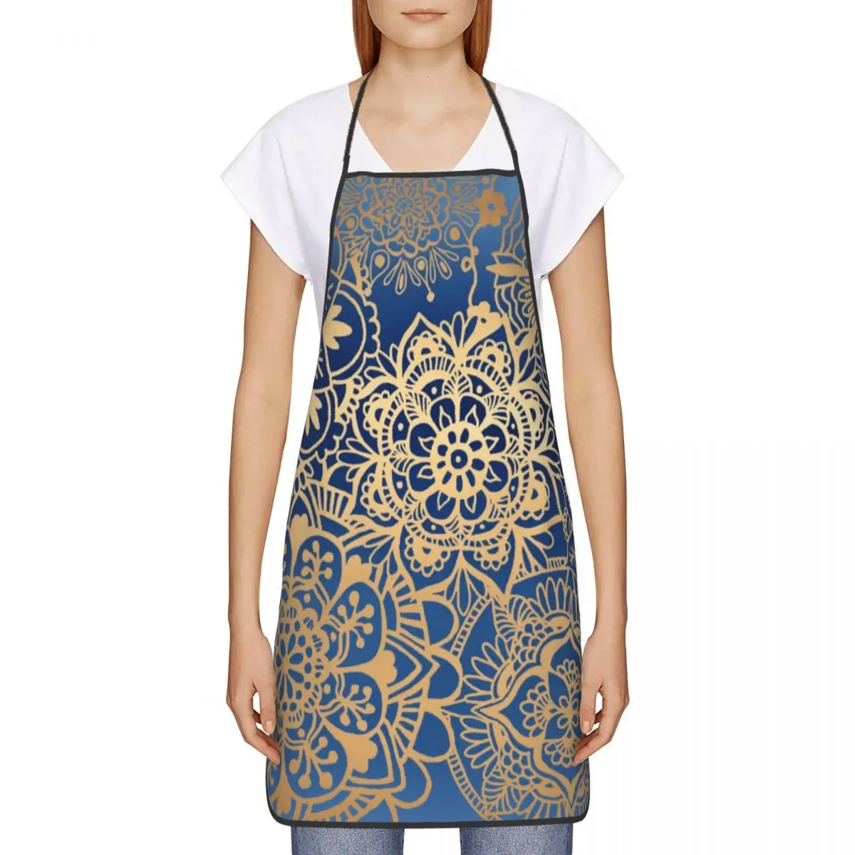 Custom Funny Blue Gold Mandala Bib Apron  Unisex Kitchen Chef Buddhism Flower Tablier Cuisine for Cooking Baking Gardening