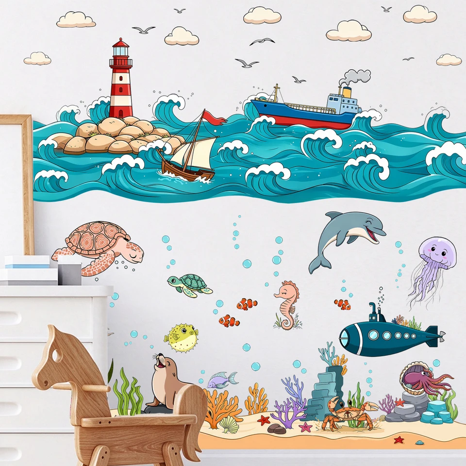 Under The Sea Ocean World Wall Stickers Lighthouse Sailboat Submarine Dolphin Turtle Jellyfish Coral Marine Animals Wall Decal K