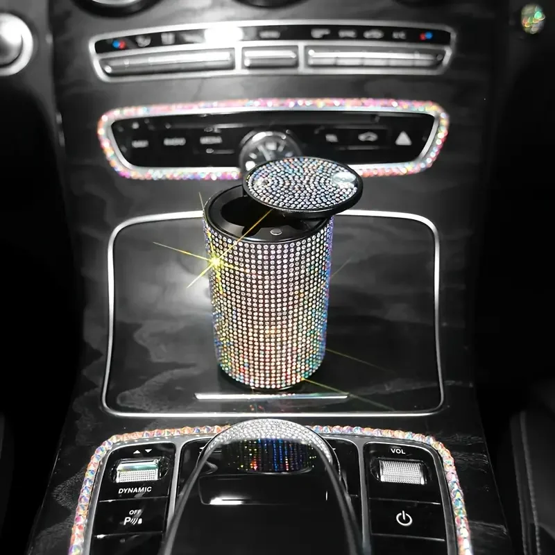 Bling Rhinestone Car Ashtray Smoke Cup Holder Multi-Functional Storage Cup Ash Tray Pink Car Accessories Interior for Women