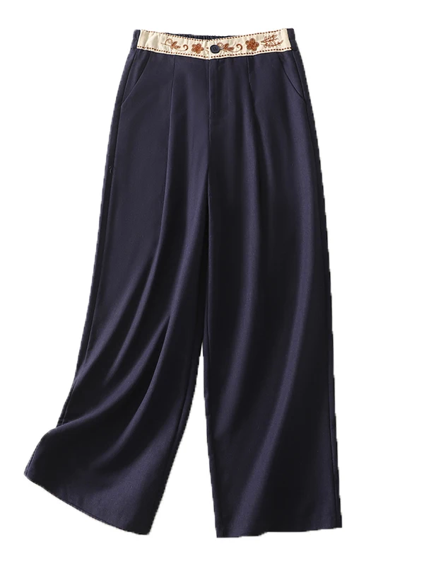 Ele Hose mit hoher Taille, bestickt, weites Bein, lockere Passform, lässig, schmal, gerade, lange Hose für Damen in Übergröße, Sommerkleidung
