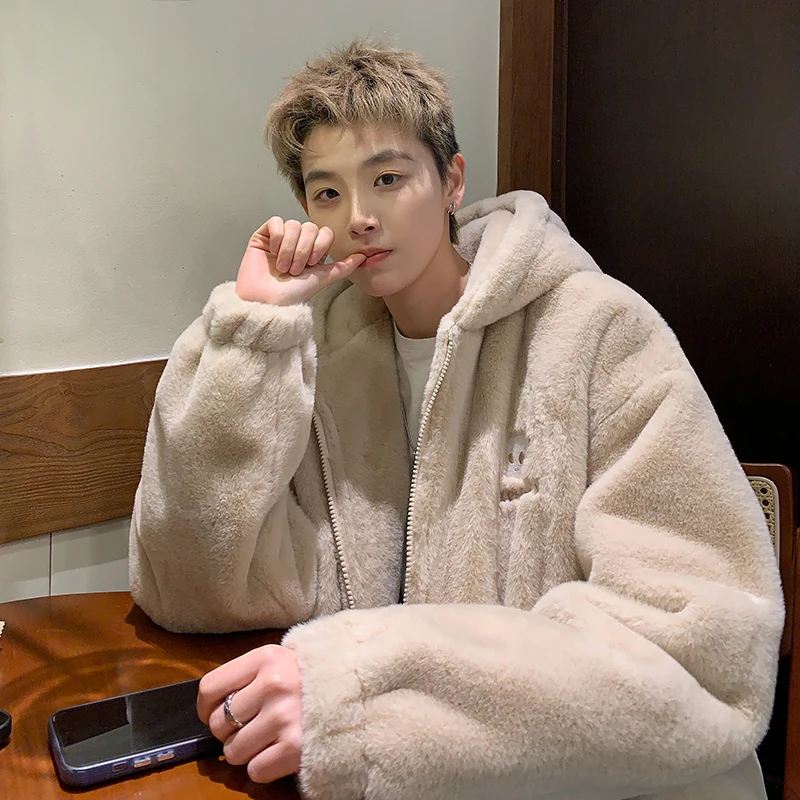 

Мужская зимняя куртка из овечьей шерсти, утепленная, свободного кроя, с капюшоном, молодежная, модная, повседневная, теплая верхняя одежда на молнии