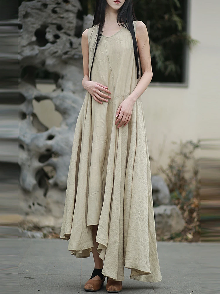 

Women Casual Long Dress New 2025 Summer Vintage V-neck Solid Color Loose Comfortable Female Sleeveless Holiday Dresses T591