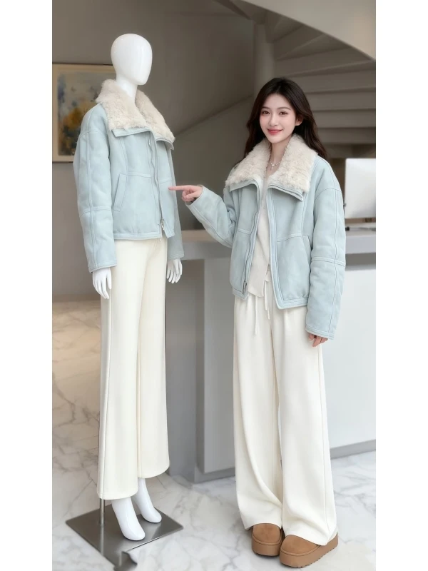 

Light Blue Women's Cotton Jaet with Fur Collar Inner Fur Coat Warm All-Match Thi Cotton Padded ort Size Small