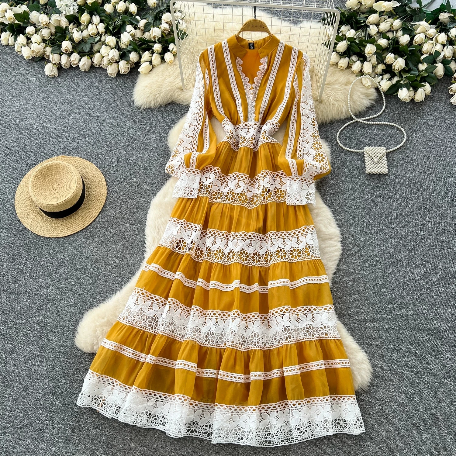

Elegant Hollow Lace Spliced Chiffon Maxi Dress Women’s V-Neck Long Lantern Sleeve Waist Cinched Bohemian Travel Beach Long Dress
