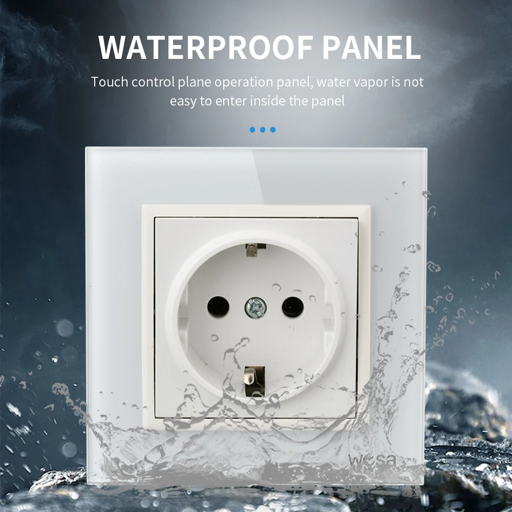 WESA Crystal Tempered Glass Panel White Wall Socket Flame Retardant EU Standard Power Socket Electrical Outlet Standard Ground