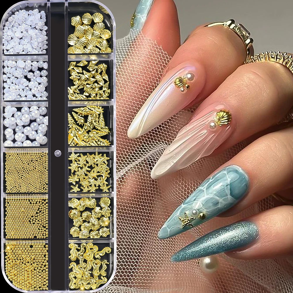 12Grids/Box Alloy Marine Life Mixed Pearl Nail Charms Shell/Seahorse/Starfish Nail Rivet Studs Gold Ocean Nail Art Decoration **