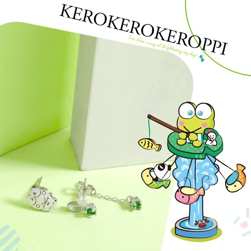 Sanrio Wonderland Kawaii Kerokero Keroppi Leaf Gemstone Earrings Creative and Delicate Earrings Exquisite Gift for Friends