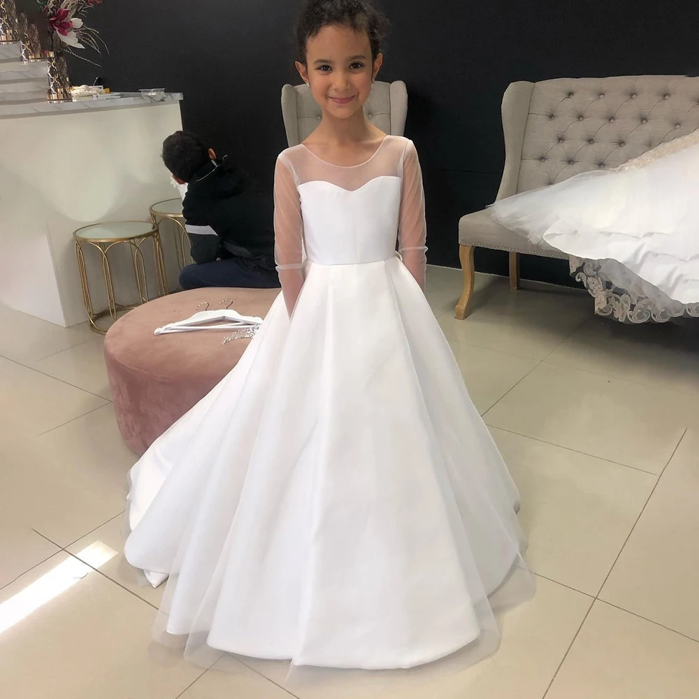 FashionMia Simple White Illusion Satin Puffy Aline Princess Baby Kid Flower Girl Dress for First Communion Wedding with Bow