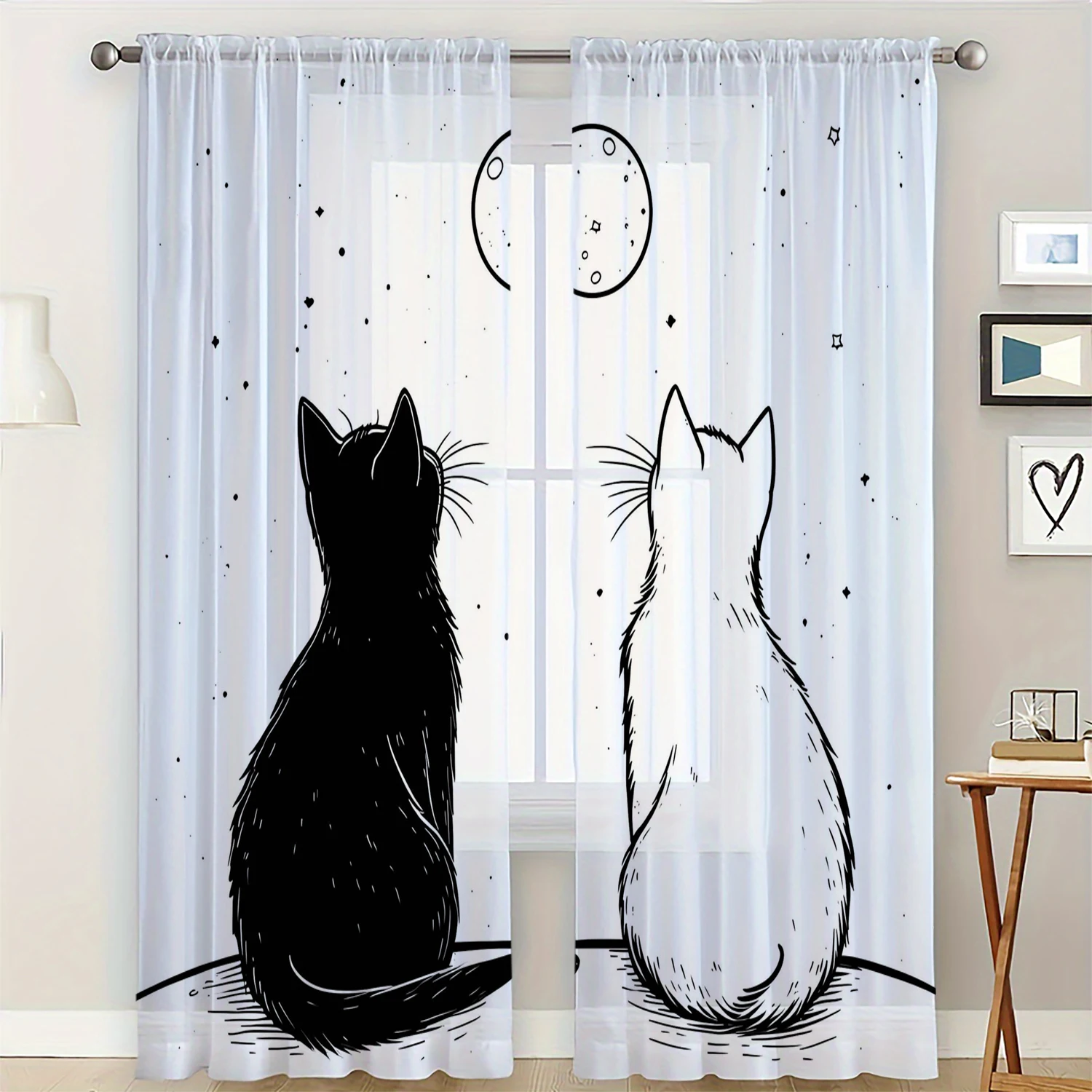 2 Pieces HD Digital Black and White Kitten Printed Window Screen Home Decor Style Decoration Living Room Window Curtain
