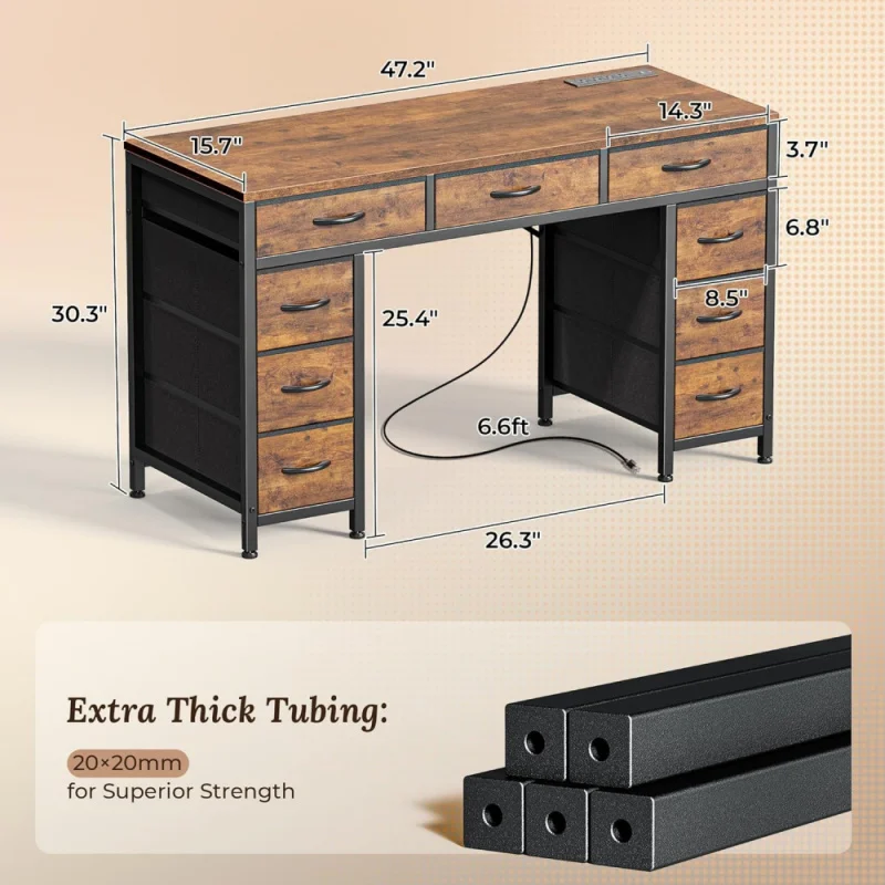 47 Inch Office Desk with Outlets, Computer Desk with 9 Fabric Drawers, Writing Gaming Work Study Desk for Bedroom,