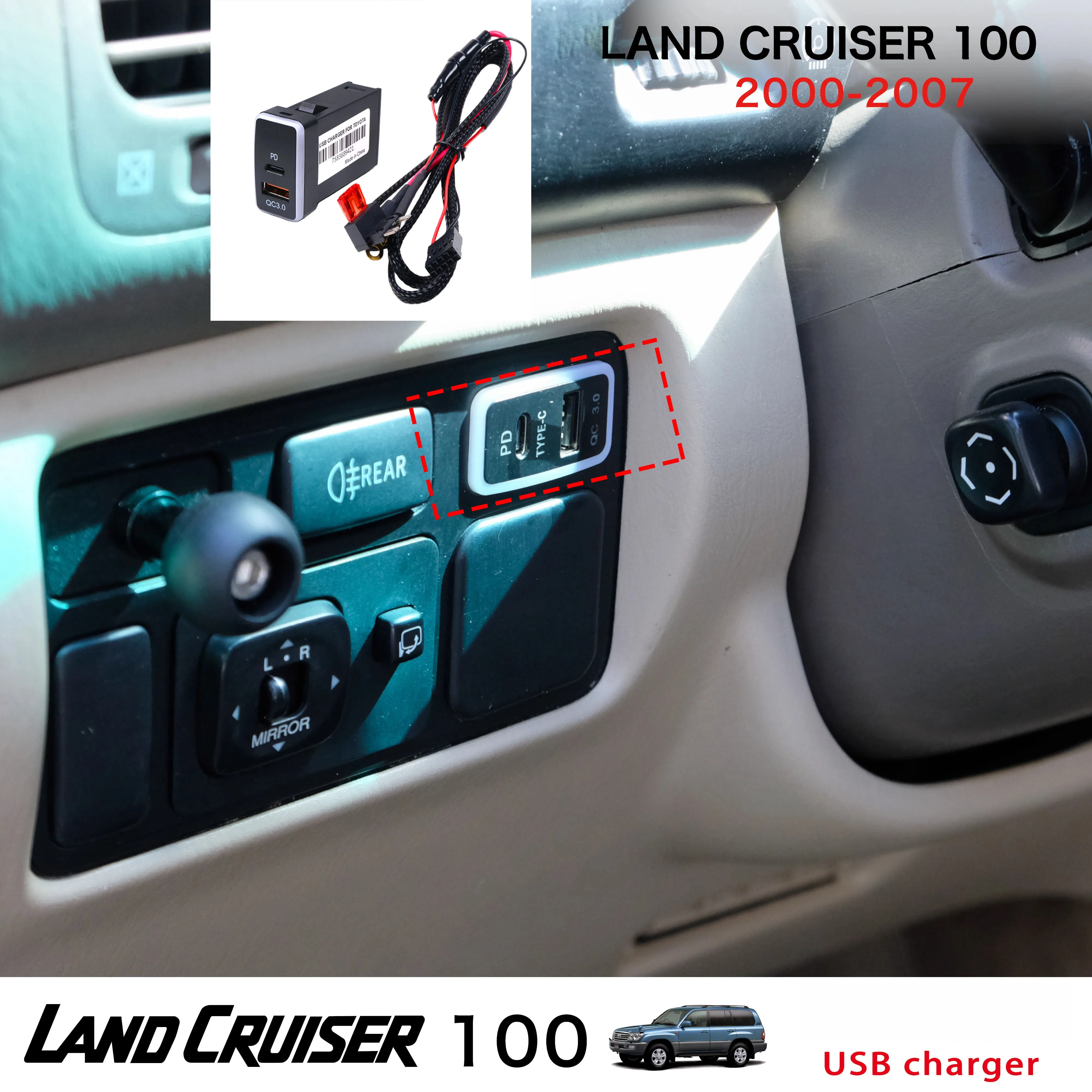 For Toyota Land Cruiser LC100 USB Car Charger QC3.0 PD Car Charger 5A Fast Charging 2 Ports 12-24V iPhone Power Adapter