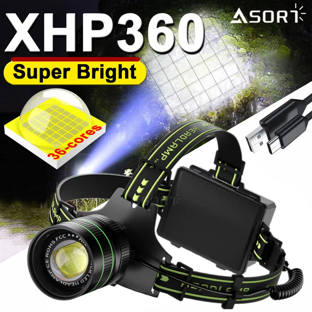 

High Prowe XHP360 LED Headlamp Zoomable Powerful Headlight USB Rechargeable Super Bright Head Lamp For Outdoor Camping Fishing