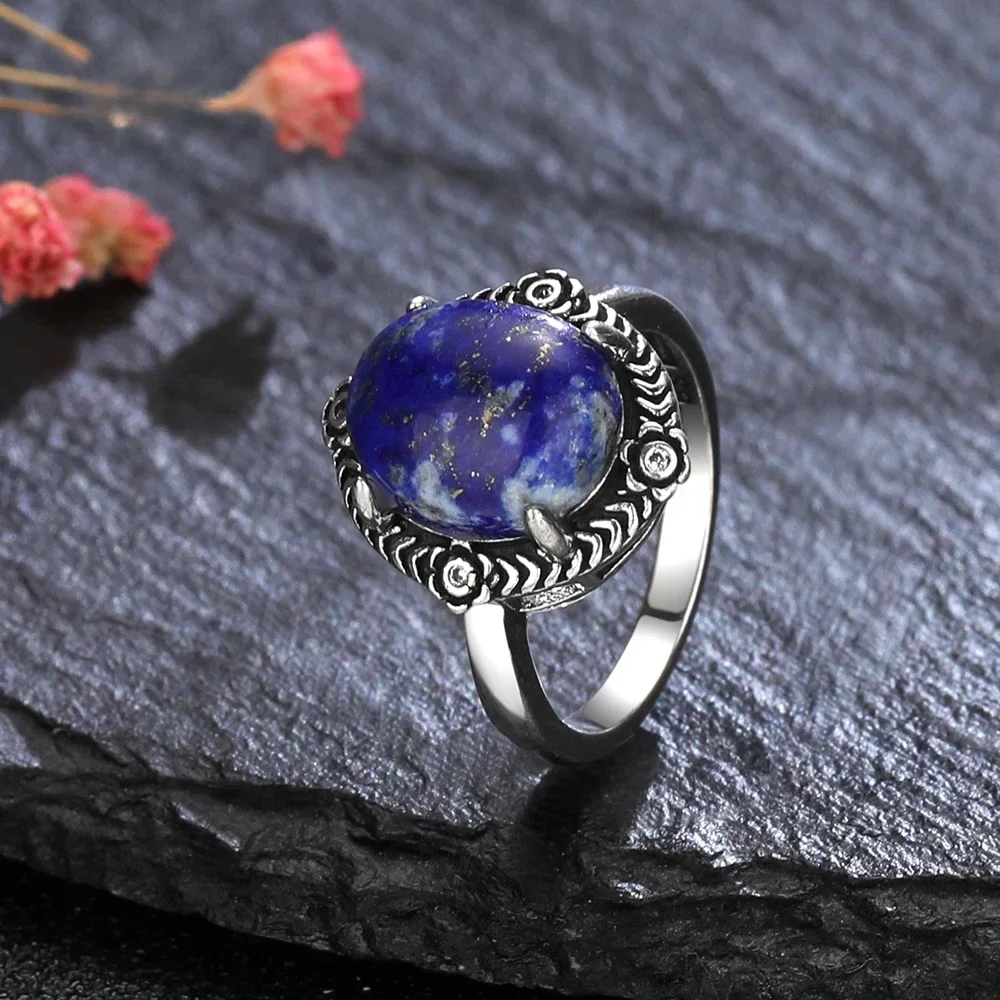 925 Sterling Silver Oval Natural Lapis Lazuli Ring for Women Men Gift Vintage Jewelry Large Ring