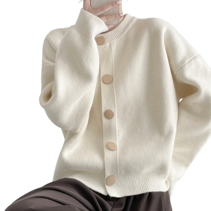 Fashion Casual Women Autumn Winter Knitted Cardigan Plain Loose Round Neck Top Casual Crew Neck Furry Soft Sweater 