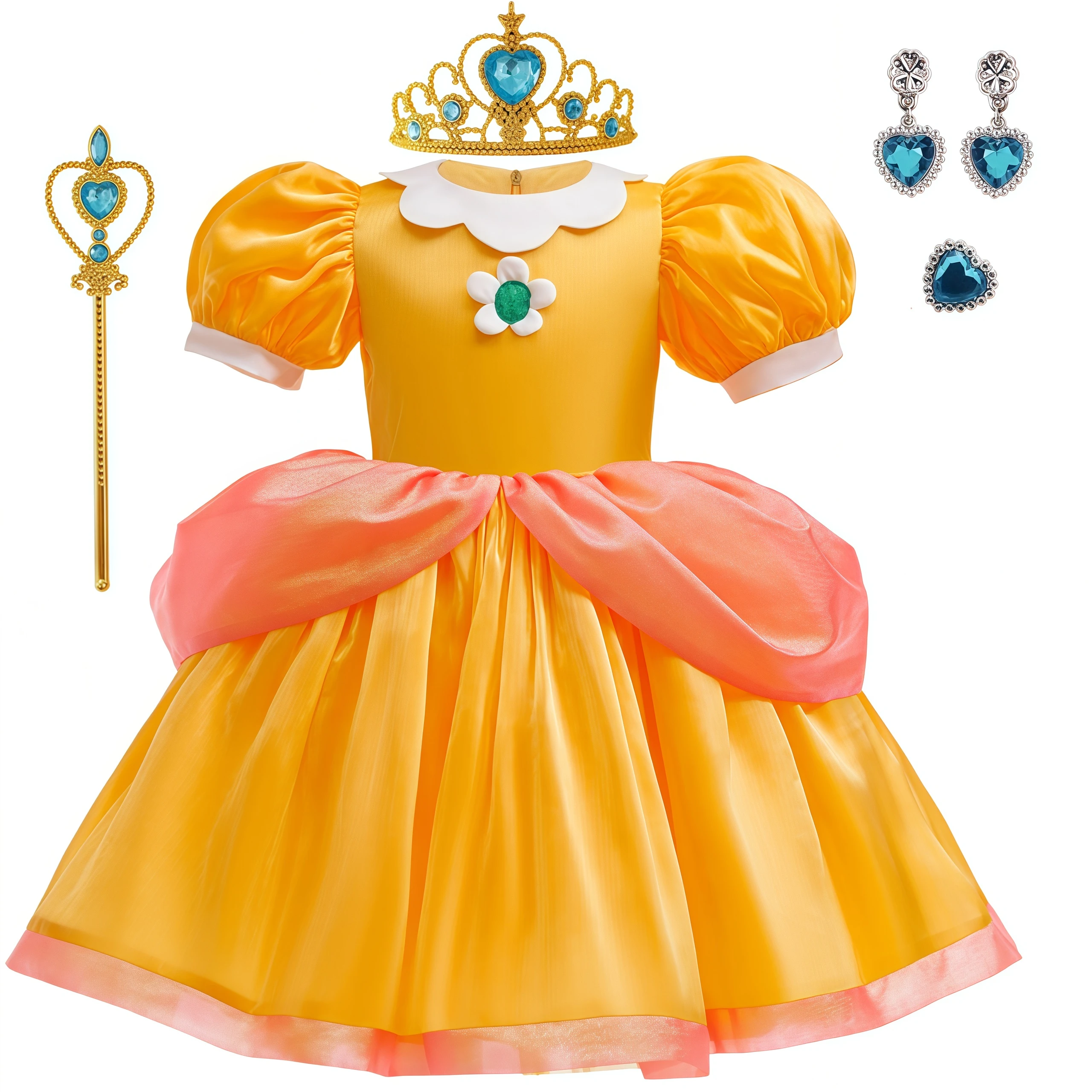 夏の新作映画ピーチイエロープリンセスドレスと王冠イヤリングセット女の子パーティーカーニバルハロウィンコスチューム誕生日パーティー