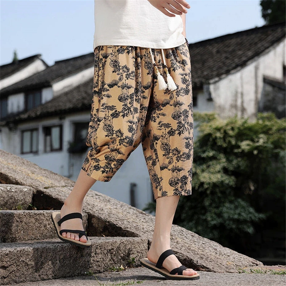 Large Size Pencil Pant Mens Summer Thin Cotton Linen Casual Trousers Men Harajuku Chinese Style Baggy Calf Length Pants Male