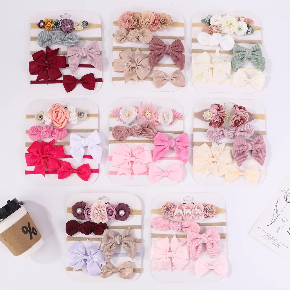 5pcs/Lot Nylon Elastic Bow Headband Baby Solid Knot Flower Fabric Hairbow Set Kids HairBands Handmade Girl Hair Accessories Gift