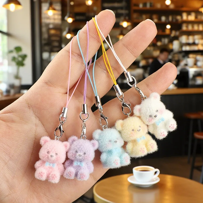 Cute Flocked 3D Resin Bear Keychain Sweet Creative Student Phone Chain Pendant Bag Accessory Phone Strap Gift