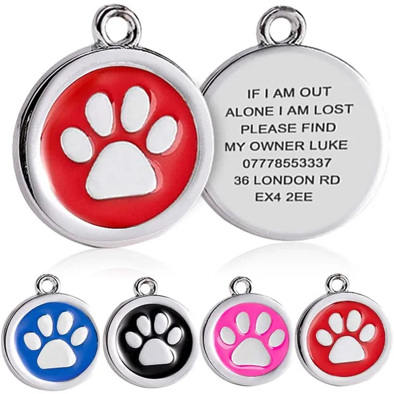 Personalised Engraved 25mm Colourful Tag for Cat Dog Puppy Pets Collar Stainless Steel Tag Bone Paw Design