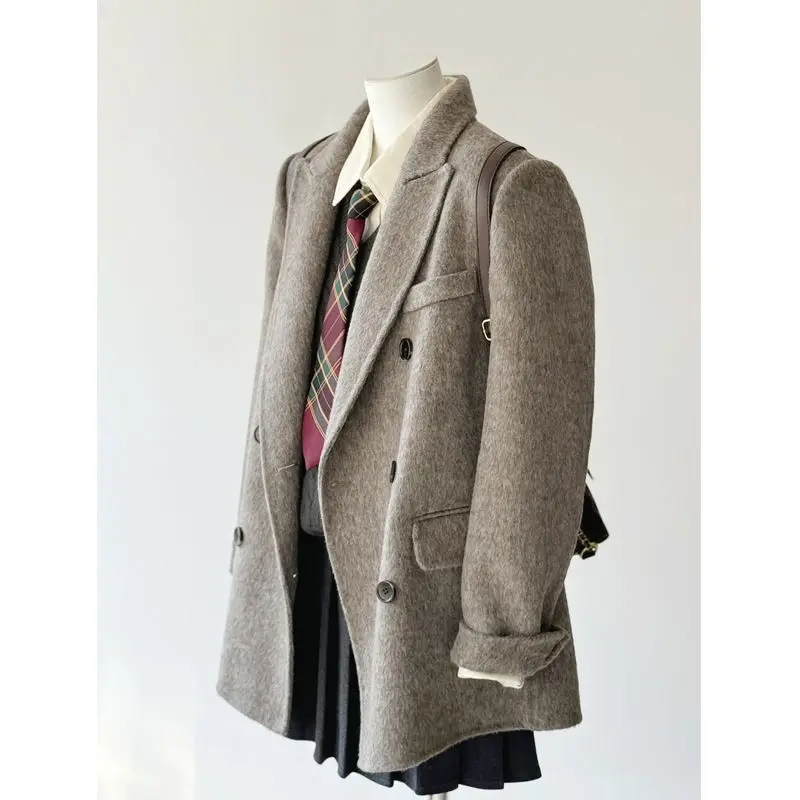 

Korean Solid Double-breasted Coat Women Autumn and Winter Turn-down Collar Long Sleeve Short Fleece Coat Loose Female Clothing