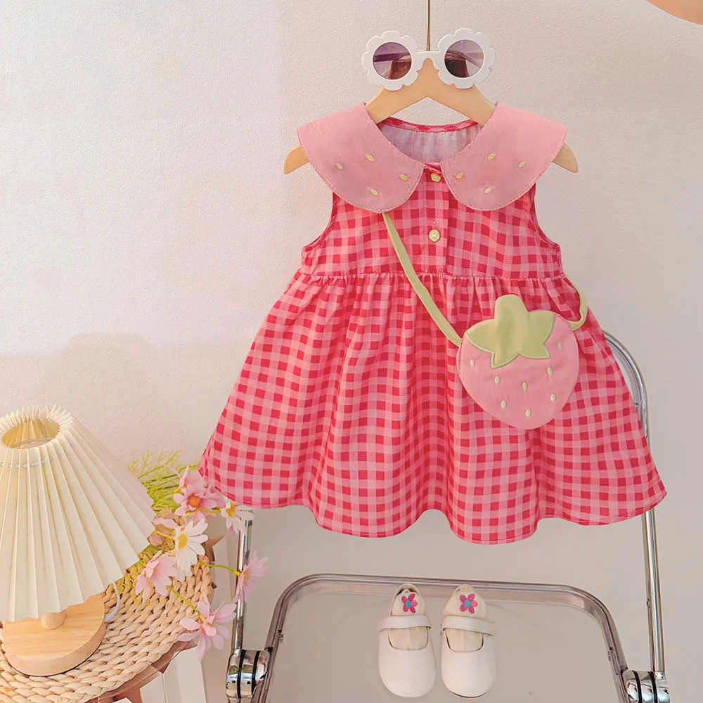 Korean Version 1-3 Year Old Baby Girl's Collared Sleeveless Plaid Strawberry Dress Sweet and Cute Summer