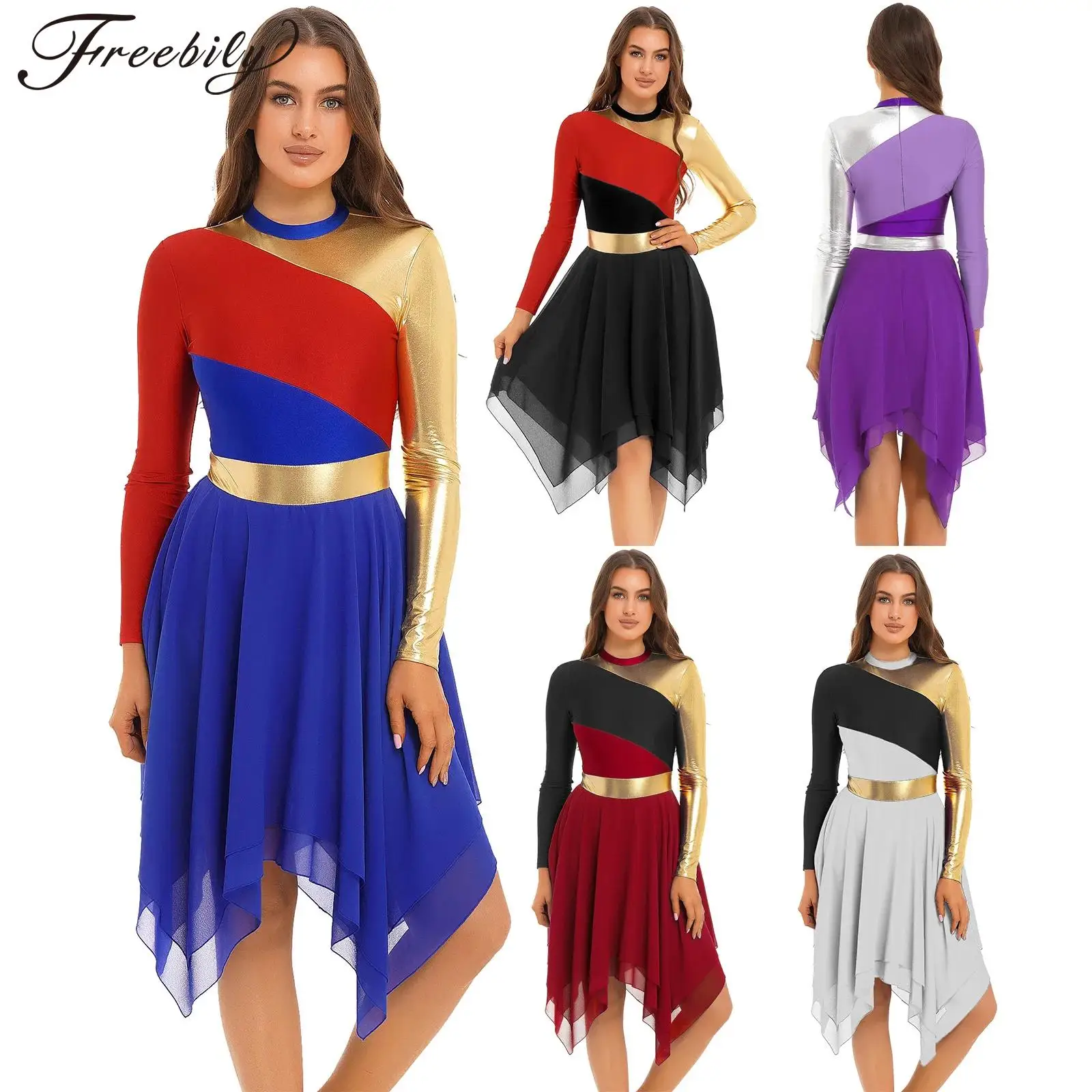 Womens Liturgical Lyrical Modern Dance Costume Long Sleeve Irregular Hem Dress Church Praise Dancewear Dancing Worship Dress