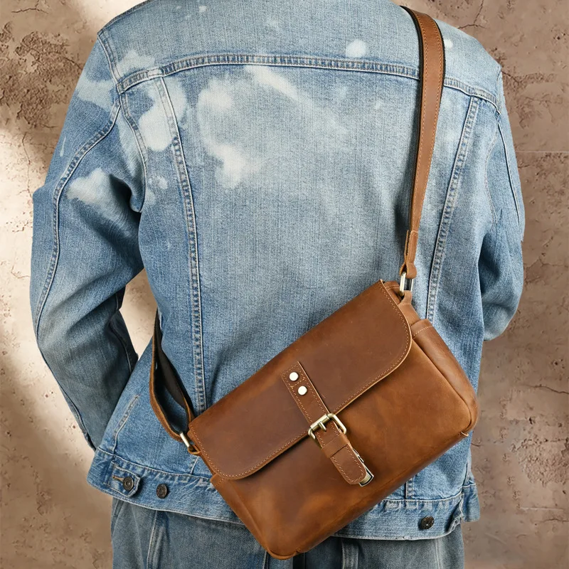 

Crazy Horse Leather Genuine Cowhide Vintage Crossbody Messenger Bag Adjustable Wide Shoulder Strap Purse Postman Bags