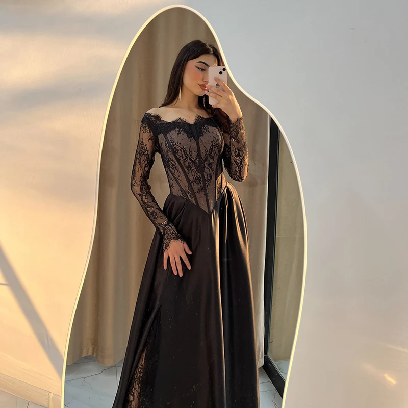 Thinyfull Zwarte A-lijn Prom Avondjurken Saudi Arabië Lange Mouw Kant Feestjurk Sexy Nacht Cocktail Prom Jassen Aangepast
