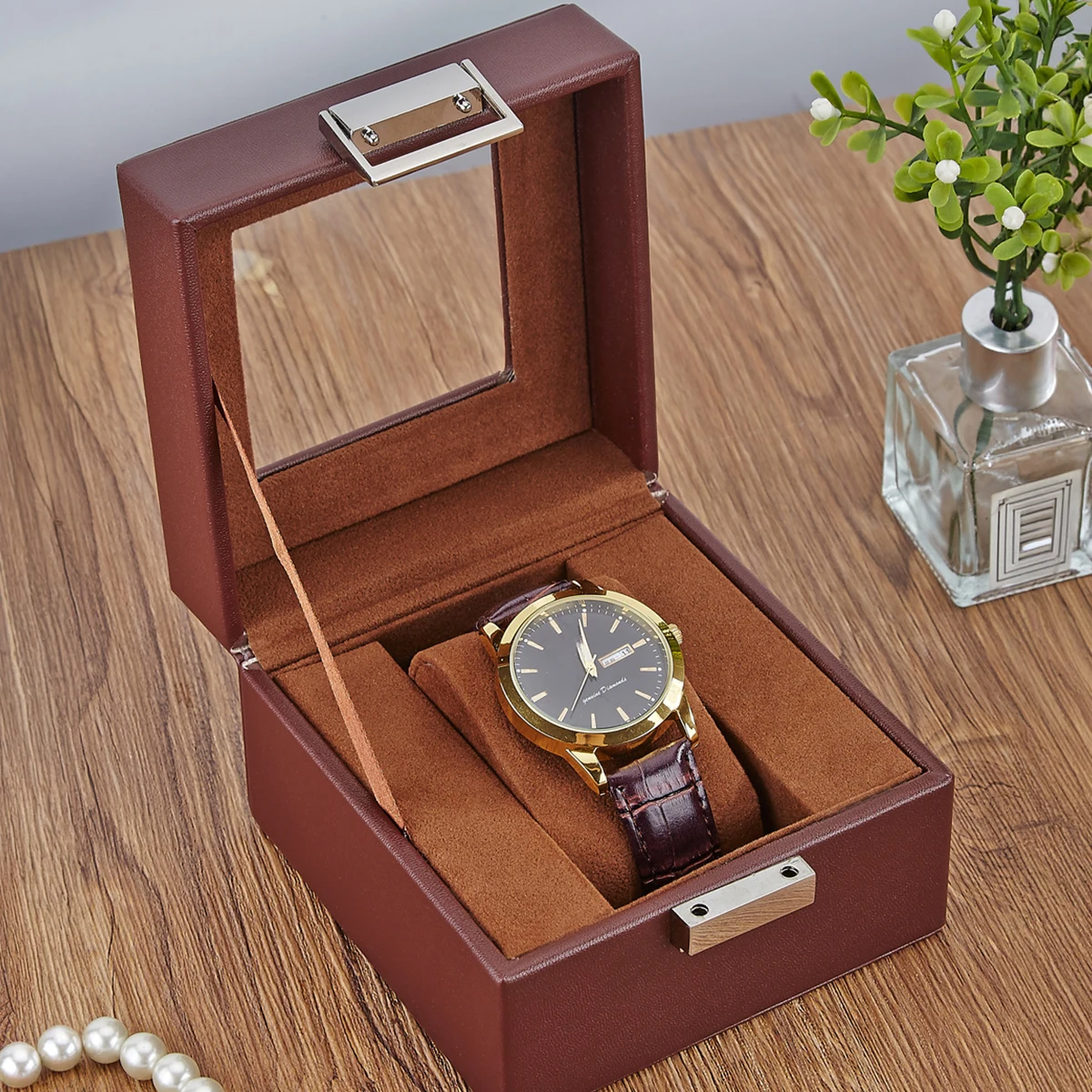 Clear Glass Top PU Leather Watch Box Single Slot Men Jewelry Organizer Storage Case Collection Gift Holder Stand Display