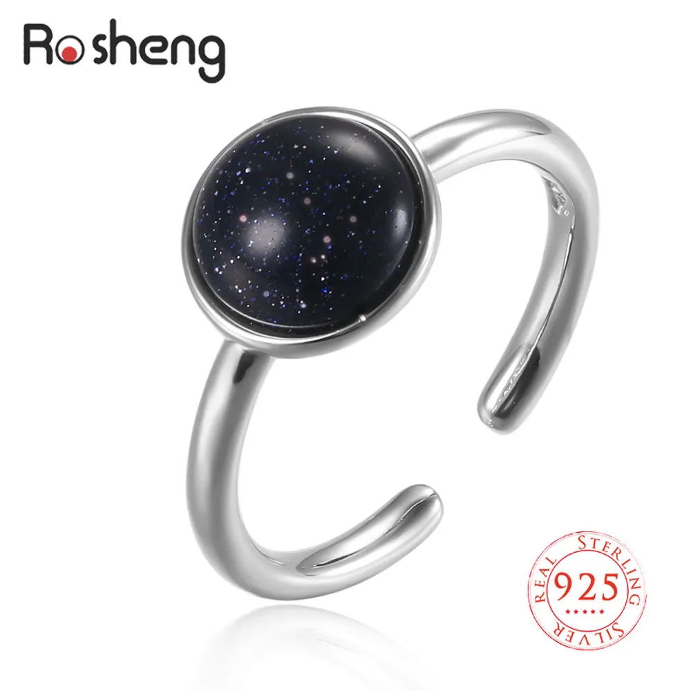 Natural Stone Rings 925 Silver Vintage Blue Crystalline Sandstone Adjustable Finger Ring for Women Party Fine Jewelry Gift