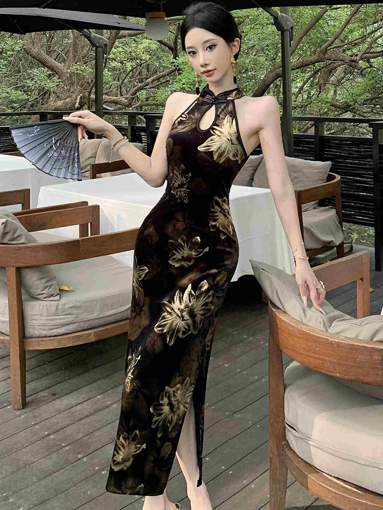 Autumn Black Floral Chic Neck-mounted Sexy Long Dress Women Luxury Elegant Dress Gown 2024 Korean Vintage Bodycon Evening Dress